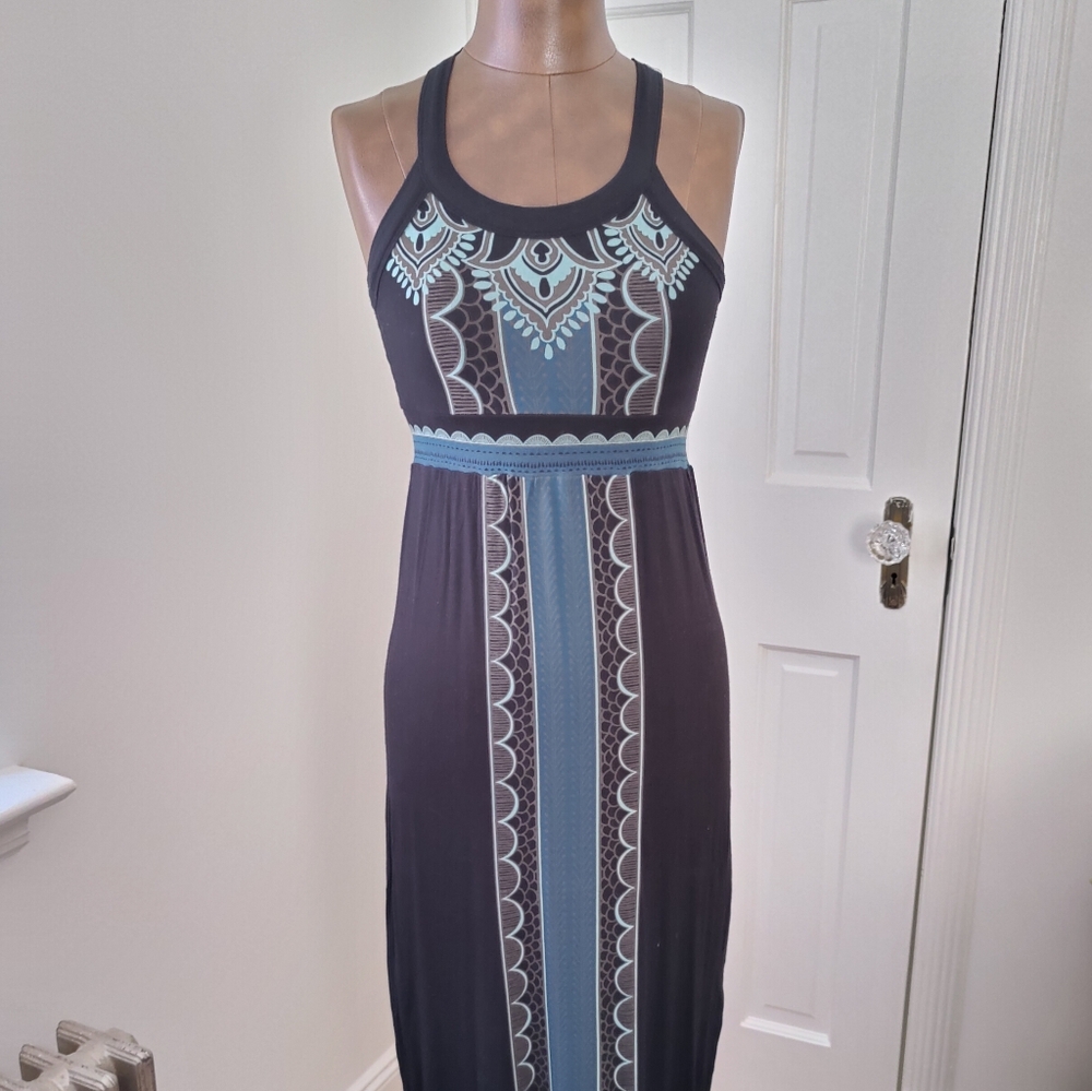 Athleta, blue, gray, teal maxi halter dress